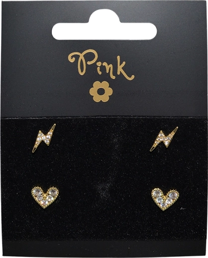 Pozłacany zestaw kolczyków z sercem i błyskawicą, 4 szt.