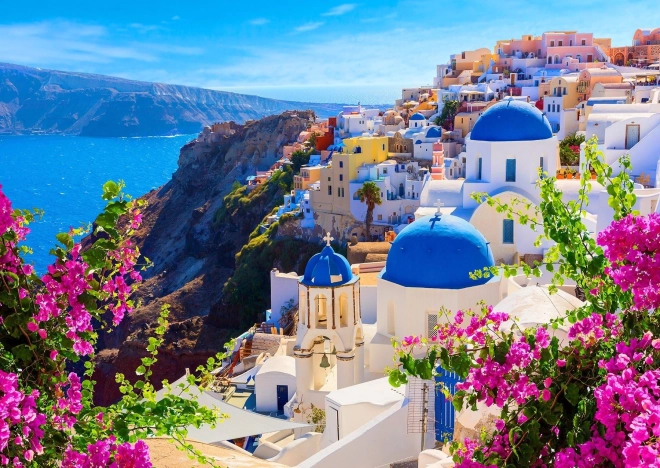 Puzzle Santorini z kwiatami, Grecja 1000 elementów