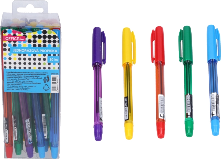 Jednorazowe długopisy z niebieskim wkładem, 30 szt. w pudełku