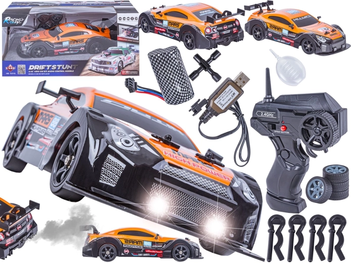 Zdalnie sterowany samochód driftowy z parą wodną 1:16 2,4 GHz 4WD z LED, pomarańczowy (inspirowany Nissanem GTR)