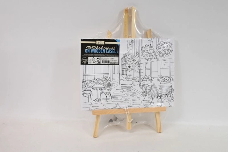 Płótno malarskie z nadrukowanym wzorem na sztaludze stołowej – motyw restauracji 30 × 23 cm