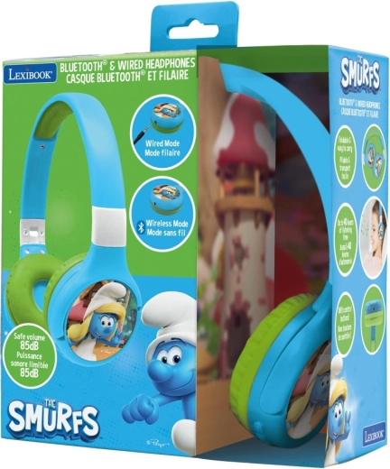 Dziecięce składane słuchawki Bluetooth z ograniczeniem głośności Smerfy 2w1