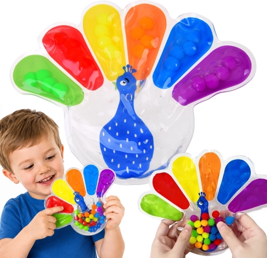 Sensoryczna zabawka do ściskania fidget w kształcie pawia z kolorowymi kuleczkami - 1 sztuka