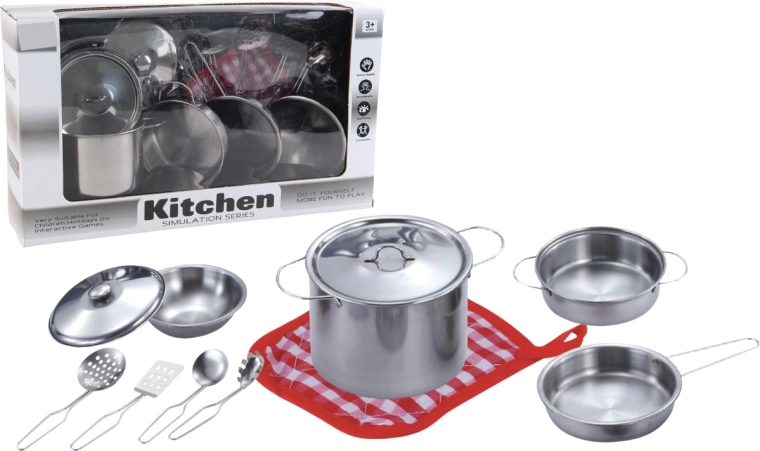Metalowy zestaw dziecięcych naczyń z akcesoriami, 11 szt.