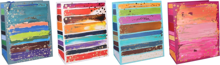 Torebka prezentowa M 26 × 32 × 10 cm – całoroczna, kolorowe paski i złote akcenty
