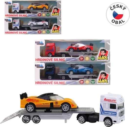 Transporter samochodów z autem wyścigowym 18 cm