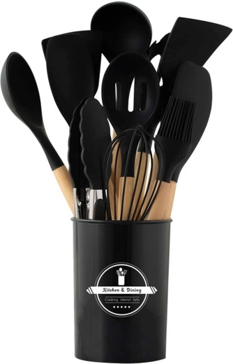 Zestaw silikonowych narzędzi kuchennych z drewnianymi uchwytami, 12 elementów