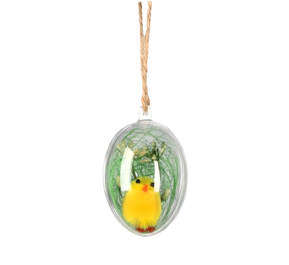 Wielkanocne wiszące kurczątko w plastikowej kuli 4,5 × 6 cm, zestaw 12 szt.
