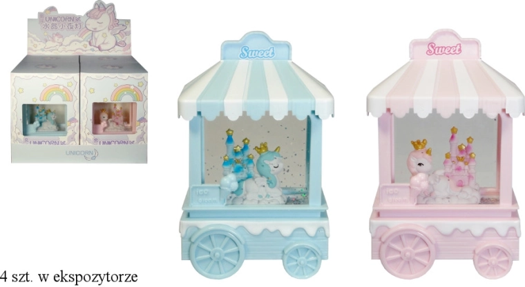 Latarnia z wirującym brokatem na baterie – wózek z jednorożcem