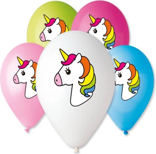 Nadmuchiwany lateksowy balon Gemar z nadrukiem jednorożca 32 cm, pastelowe kolory - 1 sztuka