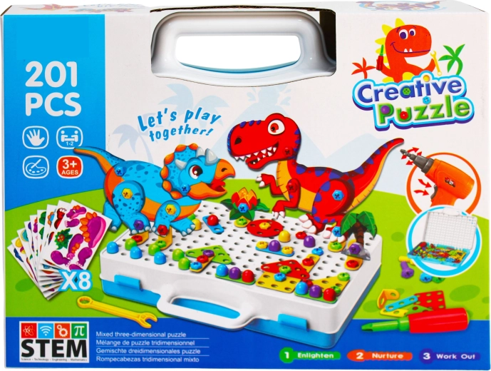 Kreatywny zestaw konstrukcyjny z dinozaurami i elektryczną wiertarką Creative Puzzle (201 elementów)