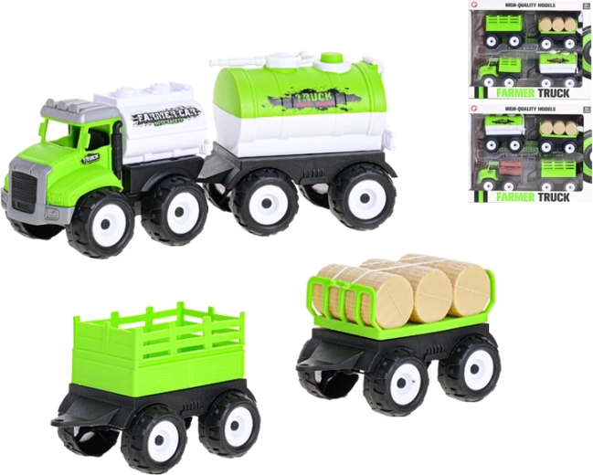 Zestaw farmerskiego auta na napęd cierny z trzema przyczepami