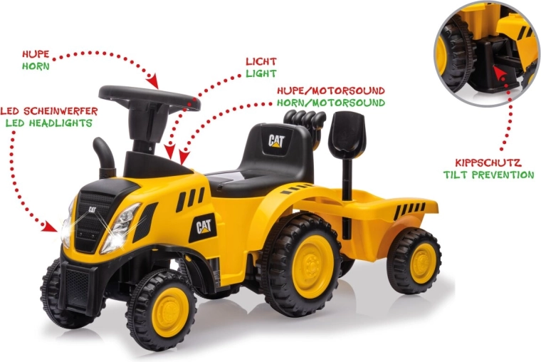 Dziecięcy jeździk CAT traktor z przyczepą 2 w 1, żółty