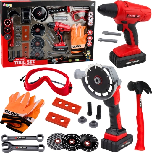 Duży dziecięcy zestaw narzędzi z wkrętarką akumulatorową i szlifierką, 28 elementów