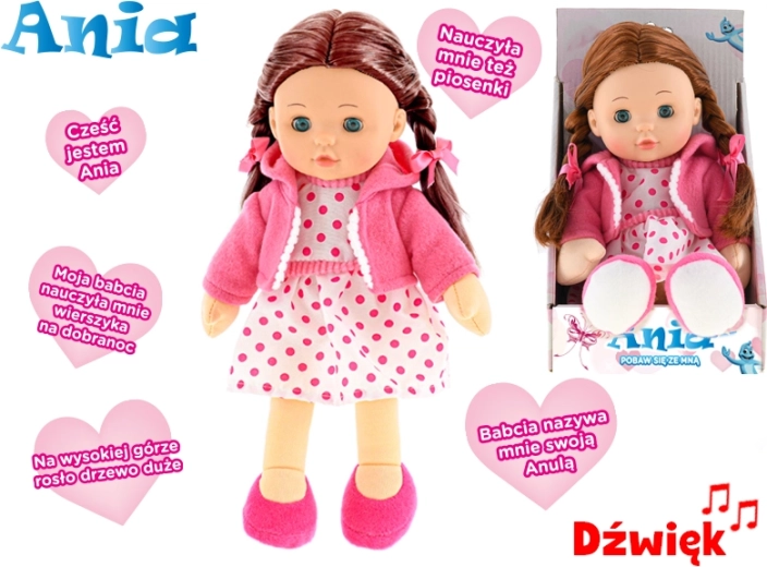 Interaktywna lalka Ania z miękkim ciałkiem, mówiąca po polsku, 31 cm