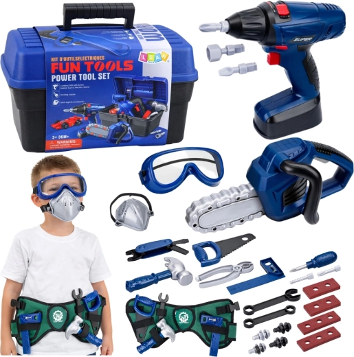 Dziecięcy zestaw narzędzi z szafką i wkrętarką akumulatorową, 30 elementów