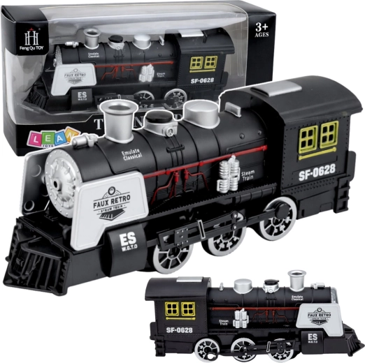 Klasyczna czarna lokomotywa parowa z dźwiękami, dymem i czujnikiem przeszkód