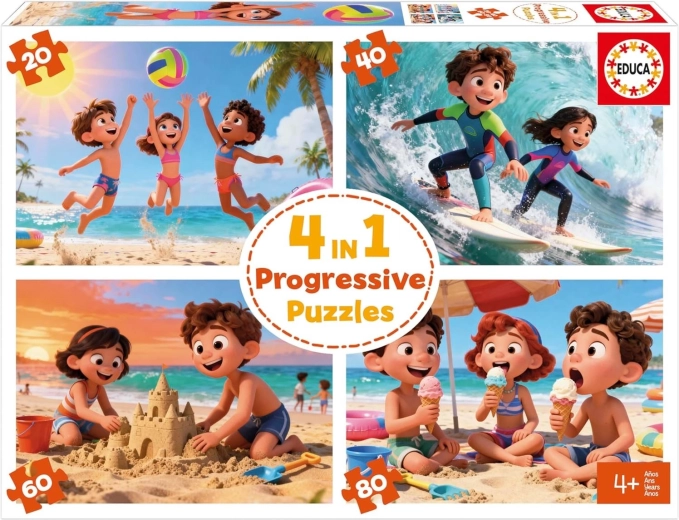 Puzzle dla dzieci EDUCA Plaża 4 w 1 – układanie progresywne (20–80 elementów)