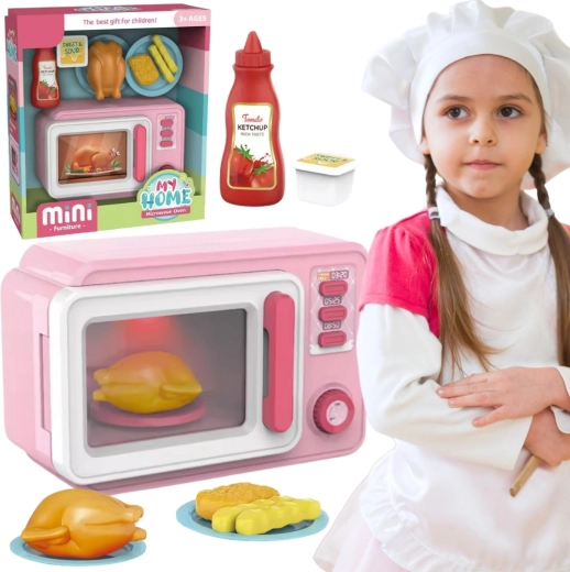 Różowa dziecięca kuchenka mikrofalowa z akcesoriami