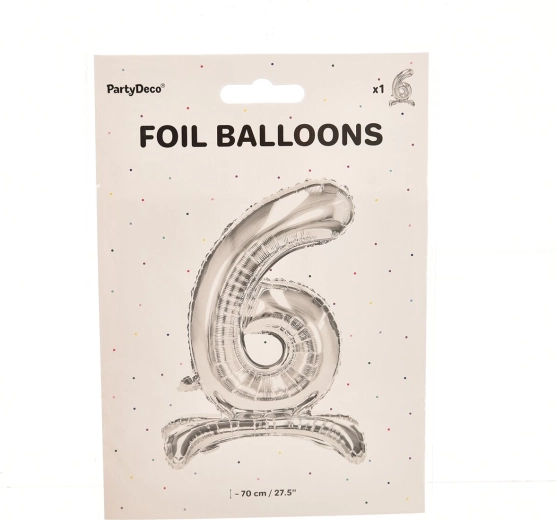 Stojący balon foliowy cyfra 6 srebrny 70 cm