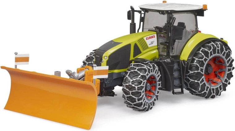 Traktor Claas Axion 950 z łańcuchami śniegowymi i pługiem śnieżnym Bruder