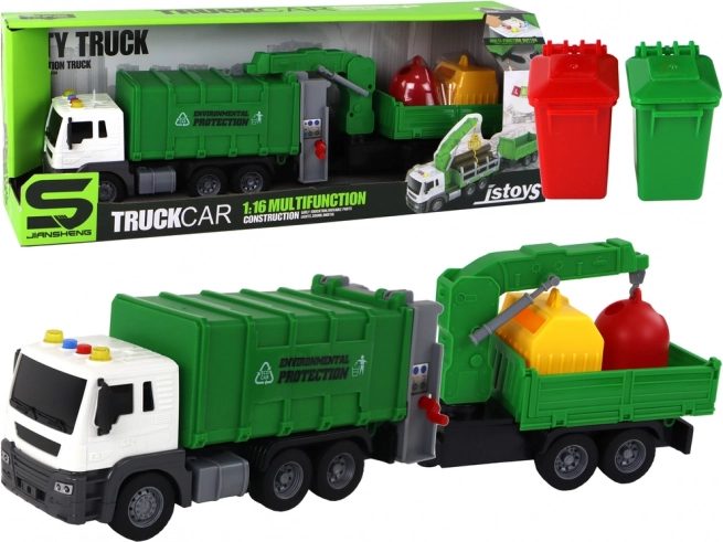 Śmieciarka Żuraw Przyczepa na naciąg ze słyszanymi dźwiękami zielona 1:16