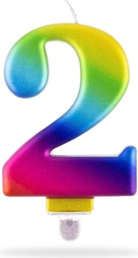 Świeczka cyfra 2 do wbijania tęczowa 7,5 cm