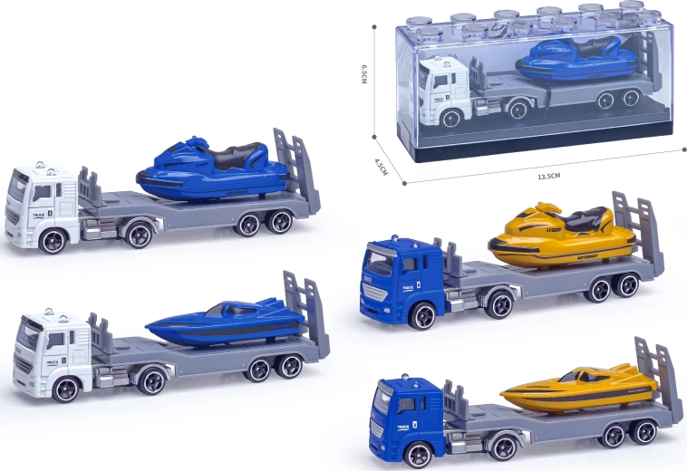 Metalowy ciężarowy samochód z motorówką 1:64 (różne rodzaje)