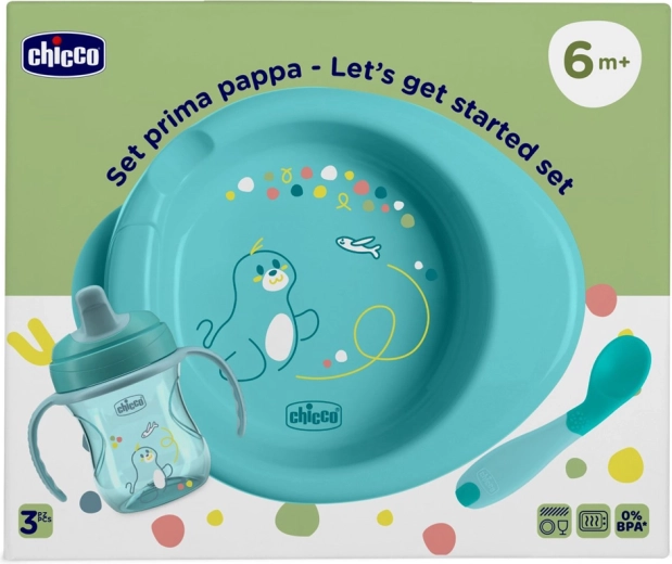 Chicco zestaw startowy do karmienia – talerz, kubek treningowy i łyżeczka, niebieski 6m+