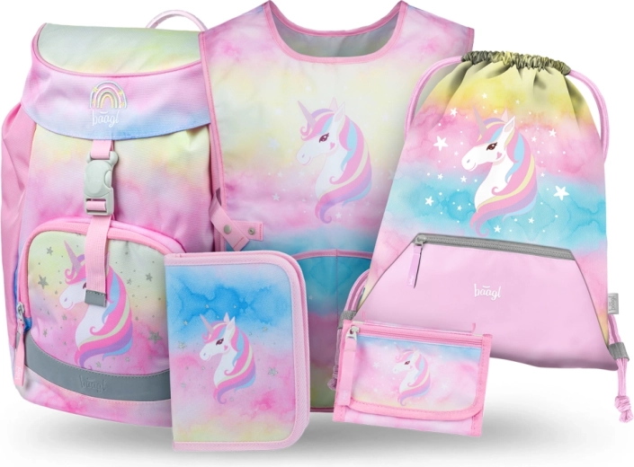 Baagl zestaw 5 Airy Rainbow Unicorn – plecak szkolny, piórnik, worek, fartuszek i portfelik