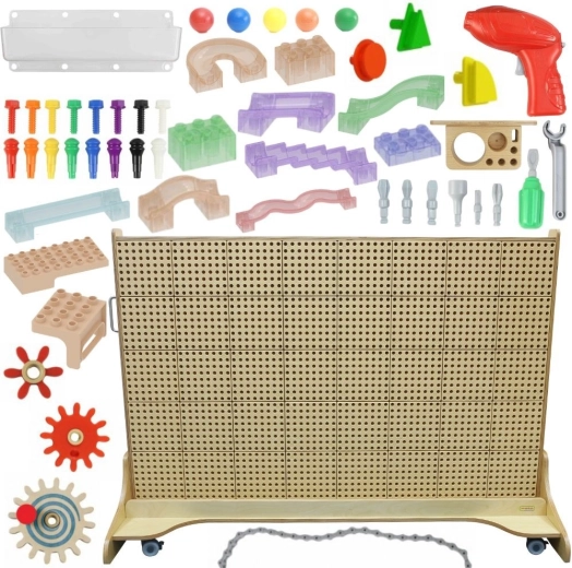 Masterkidz wolnostojąca ściana STEM z akcesoriami, kołeczkami, tackami, klockami i narzędziami