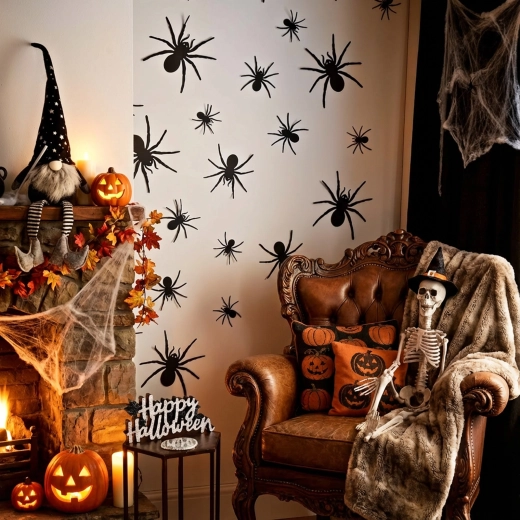 Halloweenowa samoprzylepna dekoracja pająki czarne - 30 sztuk