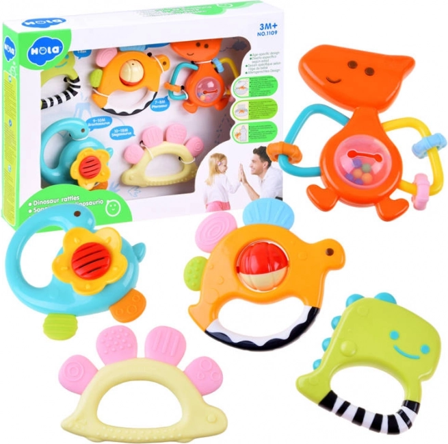 Zestaw 5 grzechotek i gryzaków Dinozaury