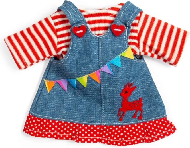 Bigjigs Toys dżinsowa sukienka-ogrodniczka i pasiasta koszulka dla lalki 28 cm