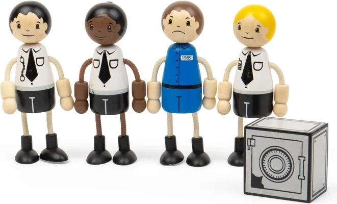 Tidlo drewniane figurki: policjanci i złodziej z sejfem