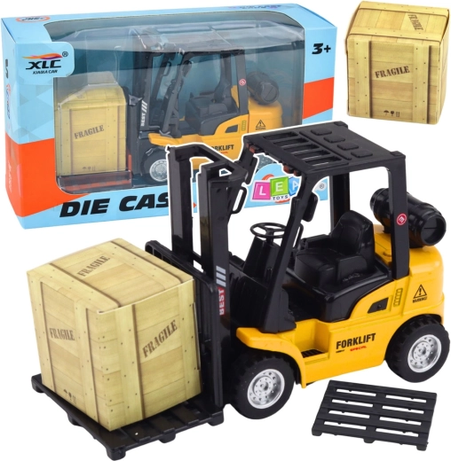 Metalowy wózek widłowy z napędem pull-back, paletą i skrzynią – żółty