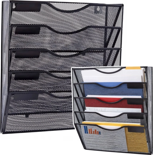 Metalowy ścienny organizer na dokumenty A4, 5 przegródek, czarny