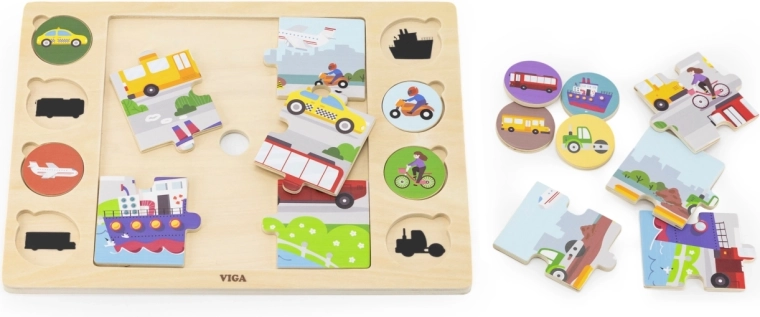 Drewniane puzzle Viga z dopasowywaniem cieni – środki transportu