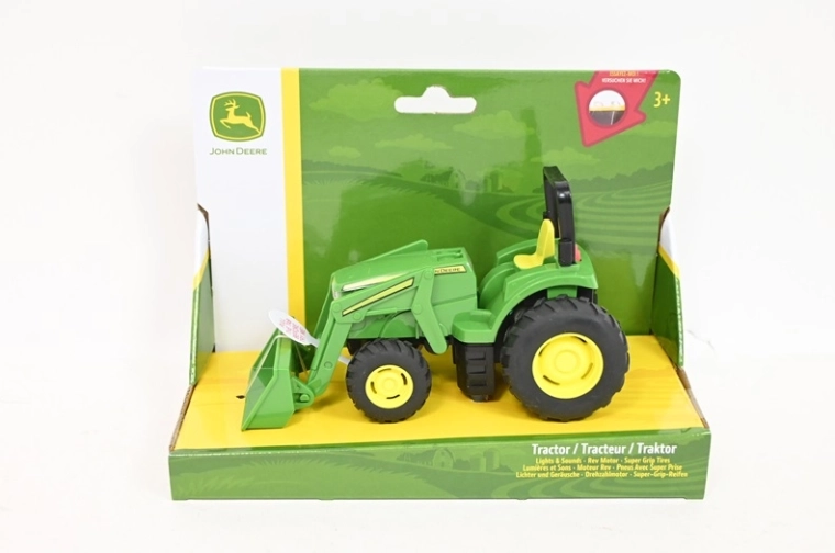 Tomy John Deere mini traktor z przednią łyżką, światła i dźwięki