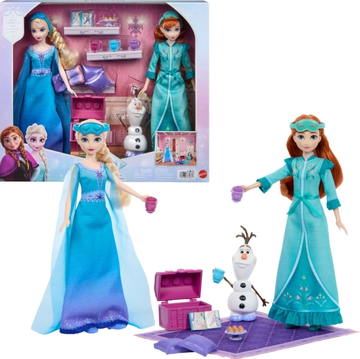 Mattel Disney Frozen Piżamowa impreza – zestaw lalek Anna i Elsa z Olafem i akcesoriami