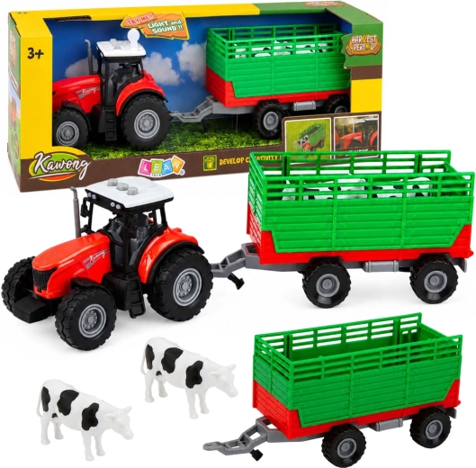 Traktor z odczepianą przyczepą do transportu zwierząt ze światłami i dźwiękami (4 elementy)