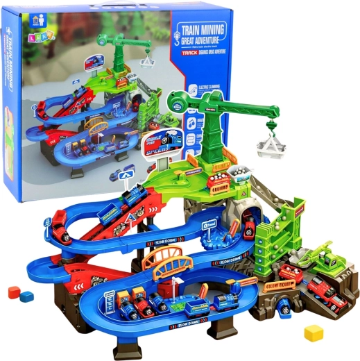 Interaktywna kopalniana kolejka z elektrycznym dźwigiem i pociągami towarowymi