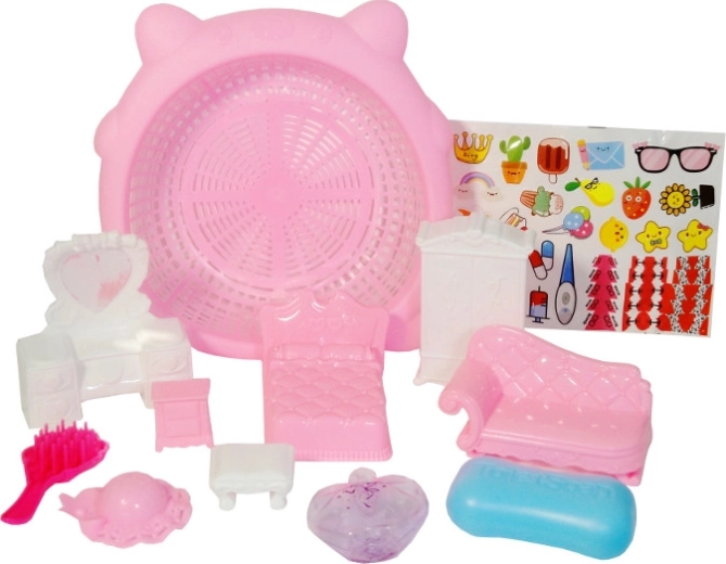 kolorowy zestaw mebli dziecięcych z koszykiem i naklejkami