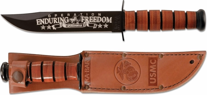 Ka-Bar pamiątkowy wojskowy nóż U.S.M.C. OEF Afghanistan 17,8 cm, czarny, skórzana rękojeść, skórzana pochwa