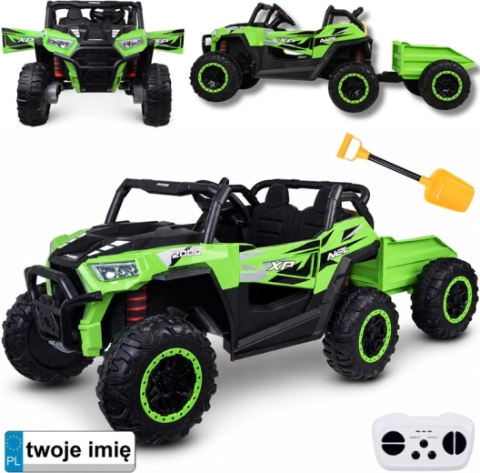 Dziecięcy elektryczny buggy 4x4 dla dwojga z przyczepką – zielona