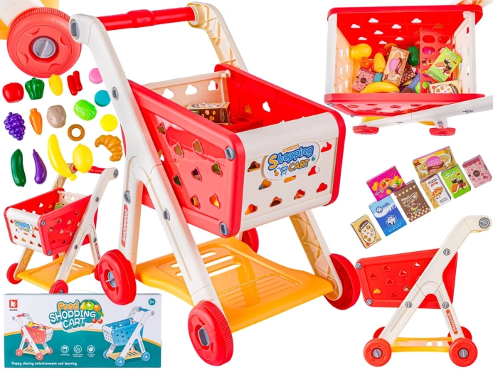 Dziecięcy wózek sklepowy do supermarketu czerwony z akcesoriami (owoce i warzywa)