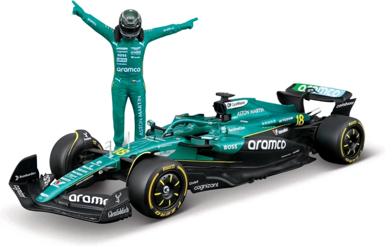 Model Bburago Formuły 1 Aston Martin AMR25 2025 Lance Stroll (numer 18) 1:24 z figurką kierowcy