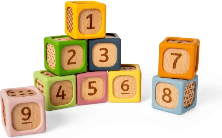 Bigjigs Toys drewniano-silikonowe kostki edukacyjne do sortowania (9 szt.)