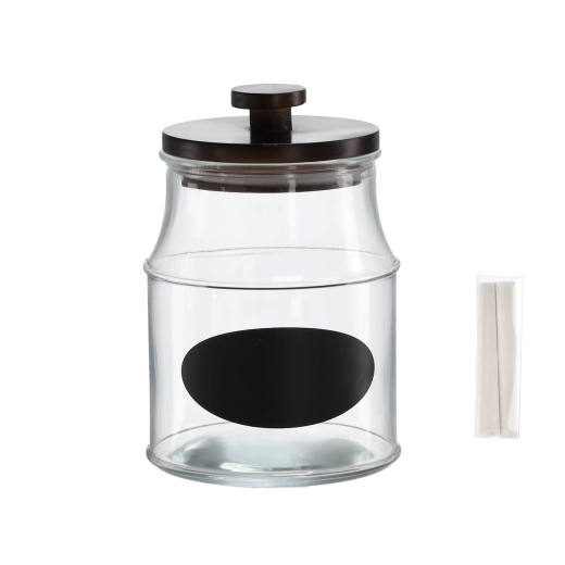 Szklany słoik 2,2 l z drewnianą pokrywką, etykietą i kredą