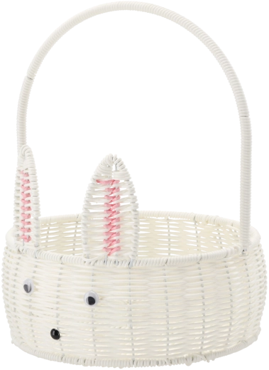 Plastowy okrągły koszyczek 25 cm z motywem królika – biały, wielkanocna dekoracja